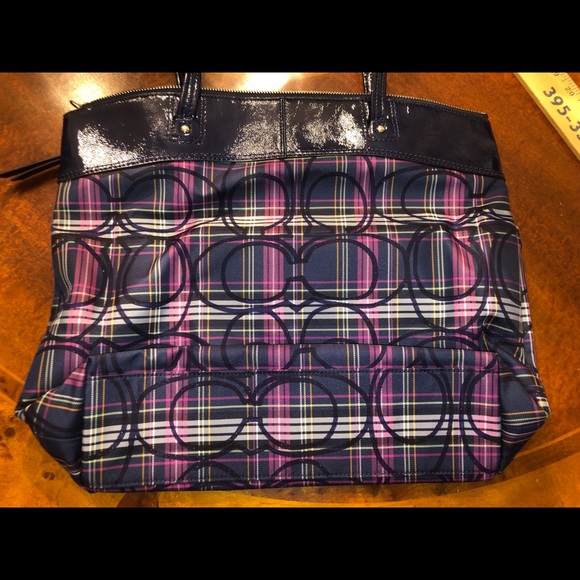 Coach Navy Plaid Tote - Picture 2 of 7